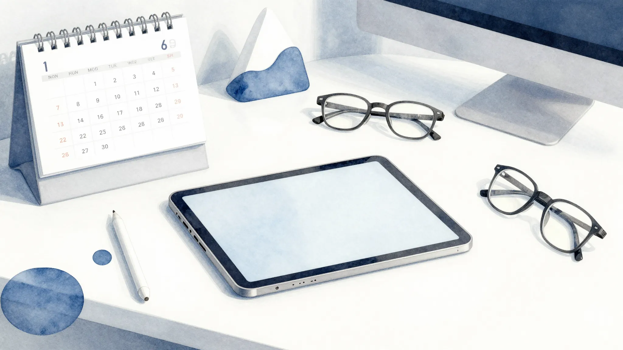 Watercolor style. A clean modern desk with a calendar, a tab...