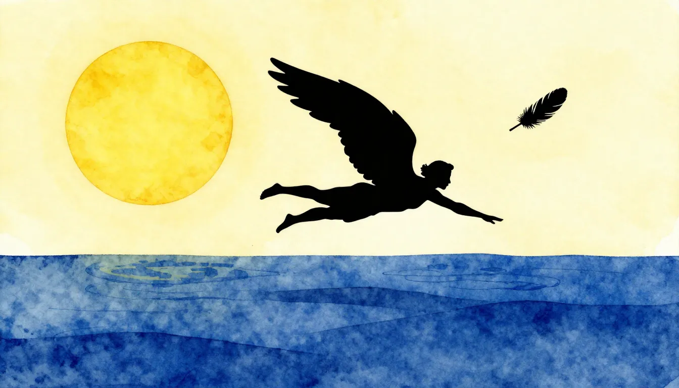 Watercolor style. A silhouette of a winged figure falling fr...
