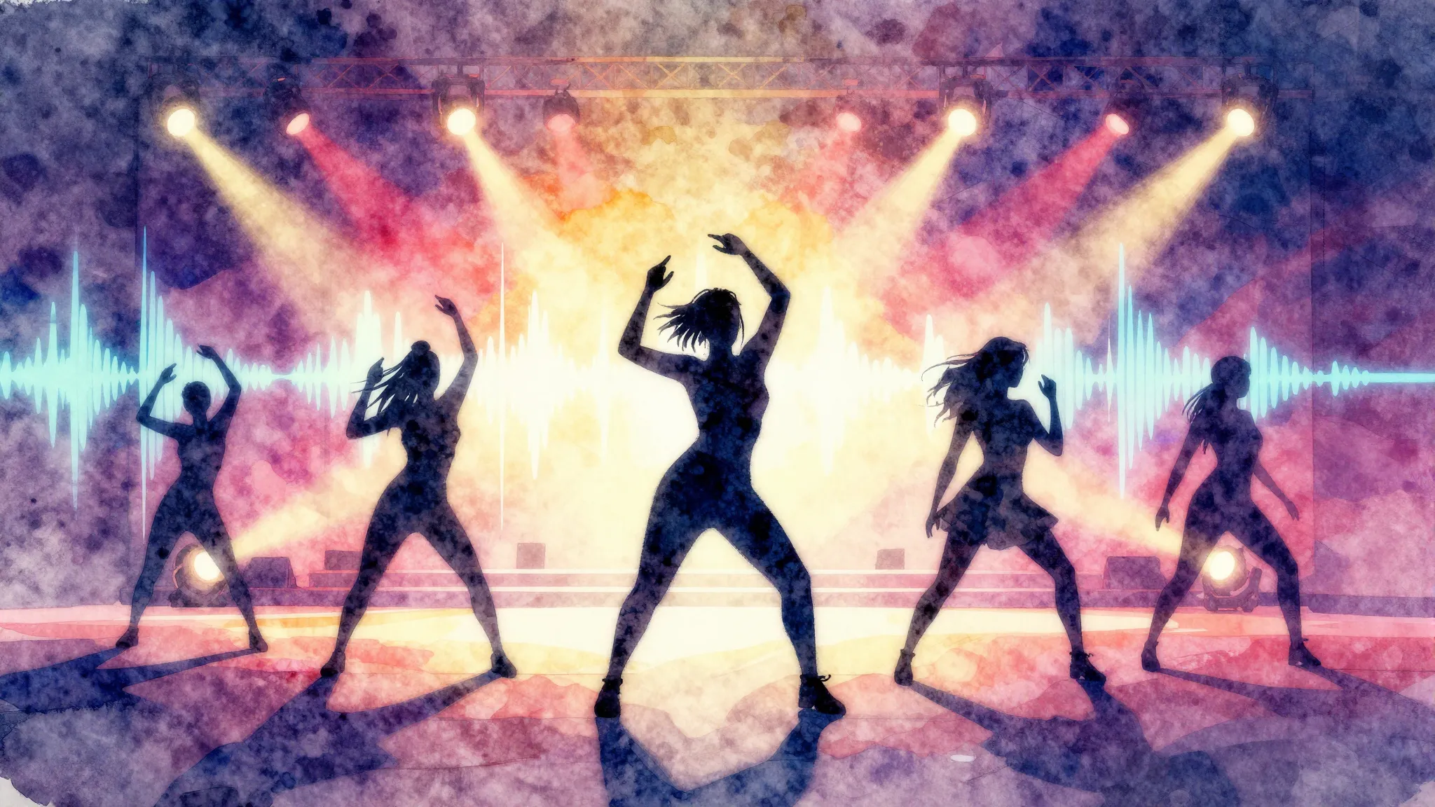 Vibrant watercolor style. Dynamic pop dance album cover. Abs...