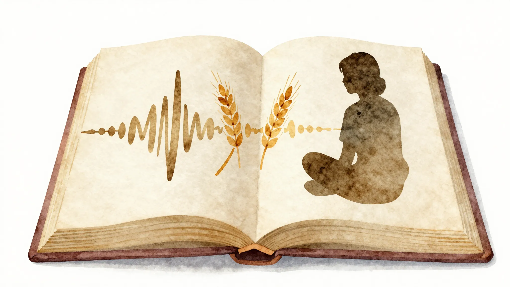 Watercolor style. An open old book with a silhouette of a pe...