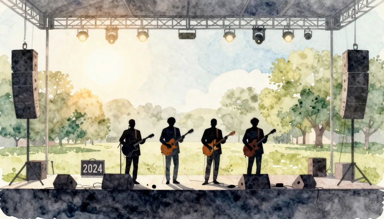 Watercolor style. Silhouette of 4 musicians on an outdoor st...