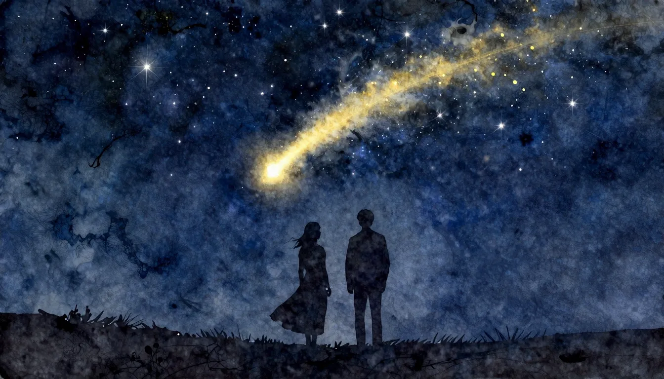 Watercolor style. A silhouette of two people standing under ...