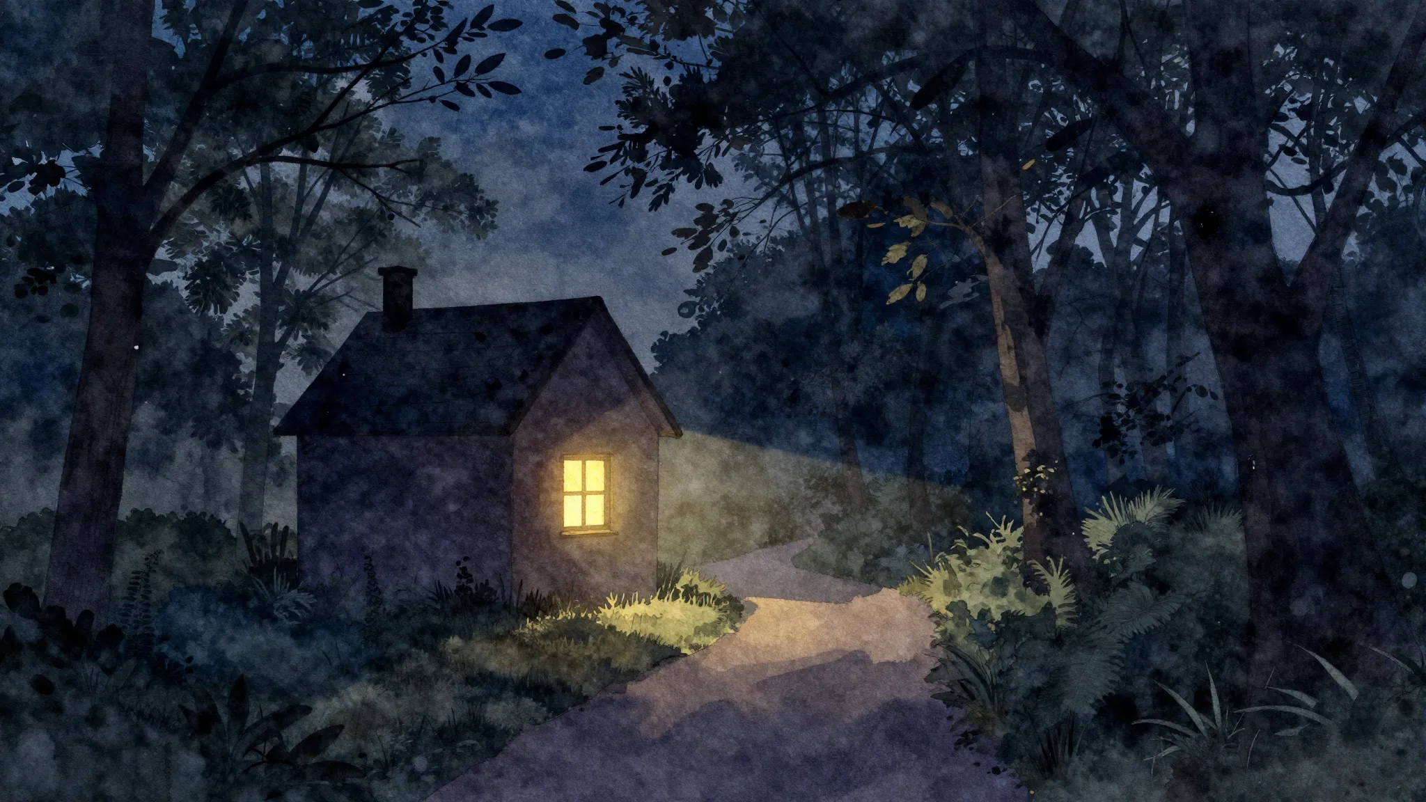 Watercolor style. A silhouette of a small house with a glowi...
