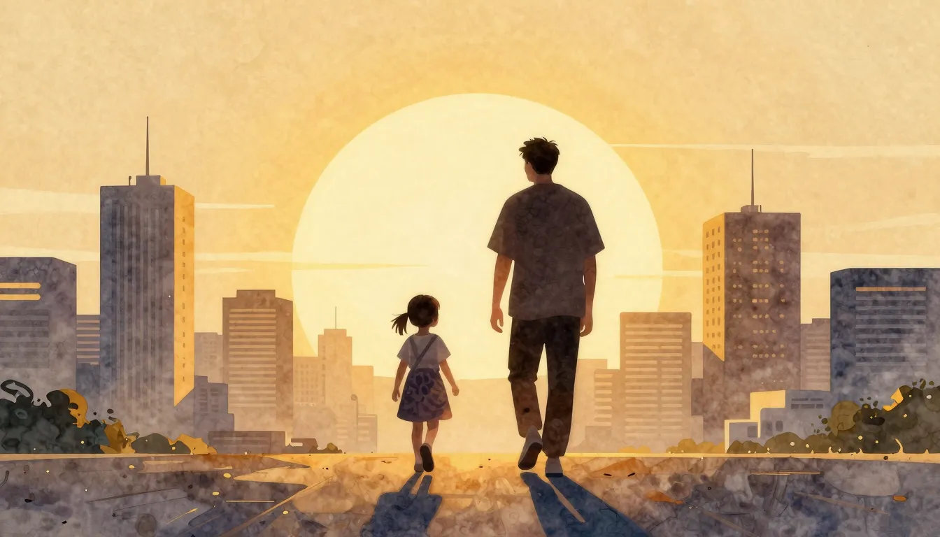 Watercolor style. Silhouette of a father and a little girl w...