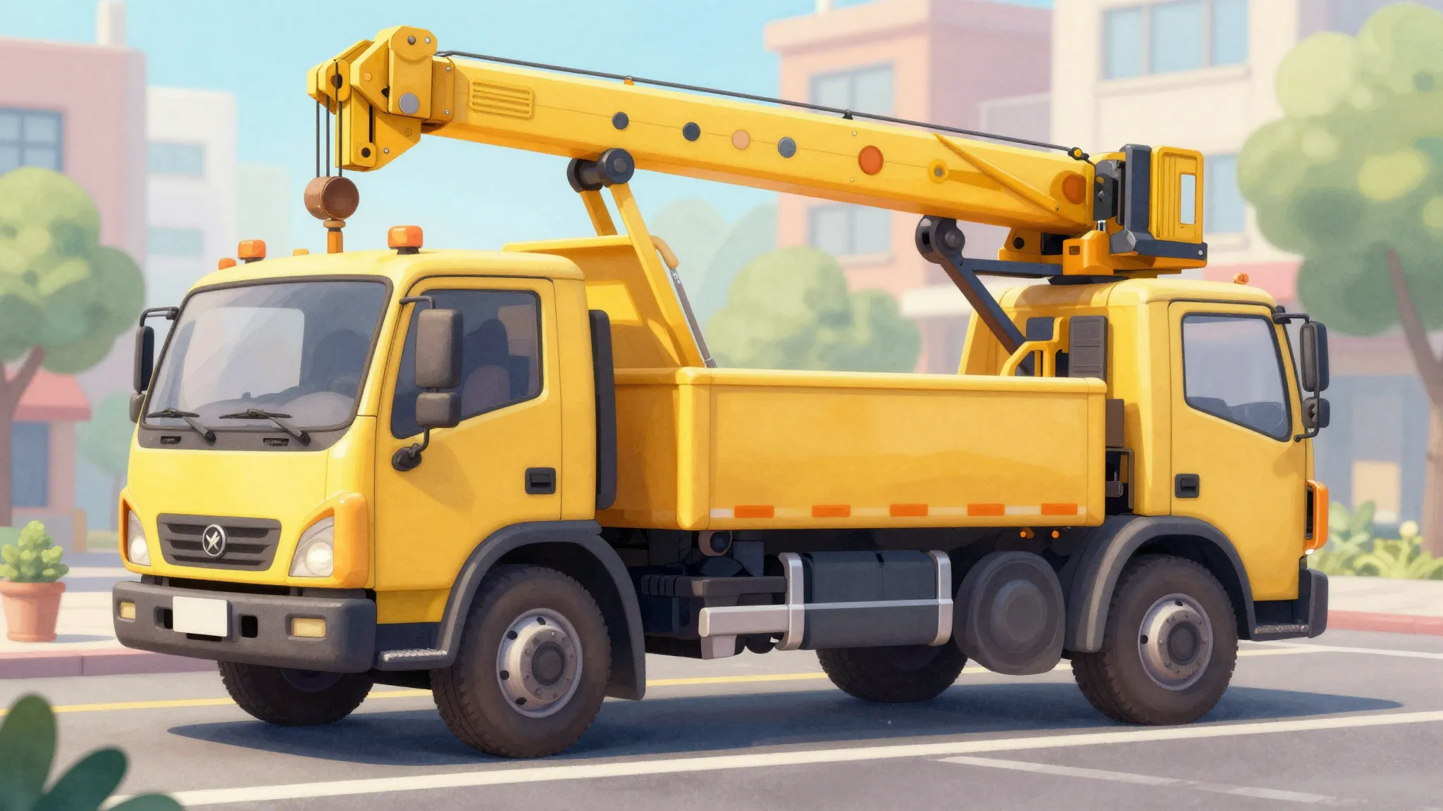 Watercolor style. A bright yellow tow truck and a crane truc...