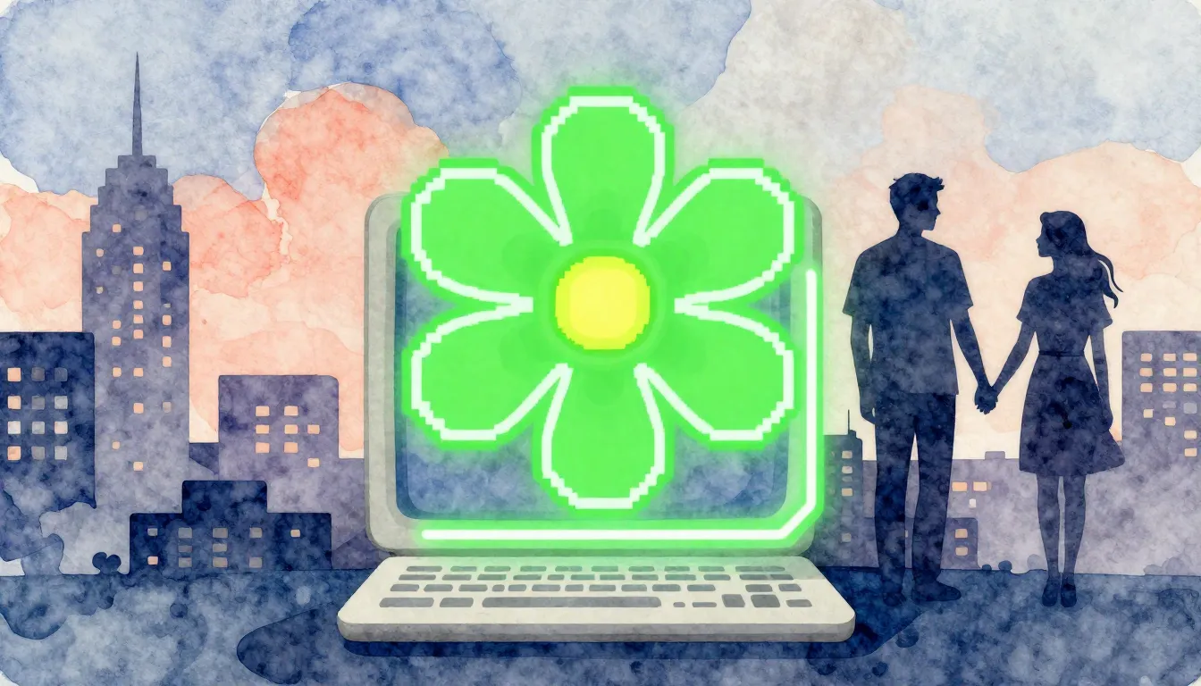 Watercolor style. Digital green flower icon on a retro compu...