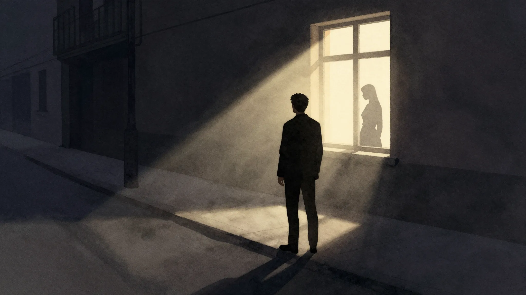 Watercolor style. A silhouette of a man stands in a dark, em...
