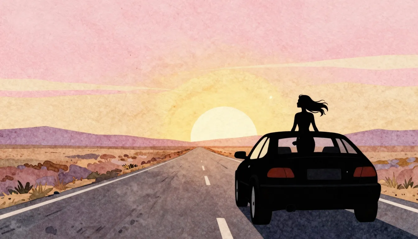 Watercolor style. A silhouette of a graceful woman driving a...