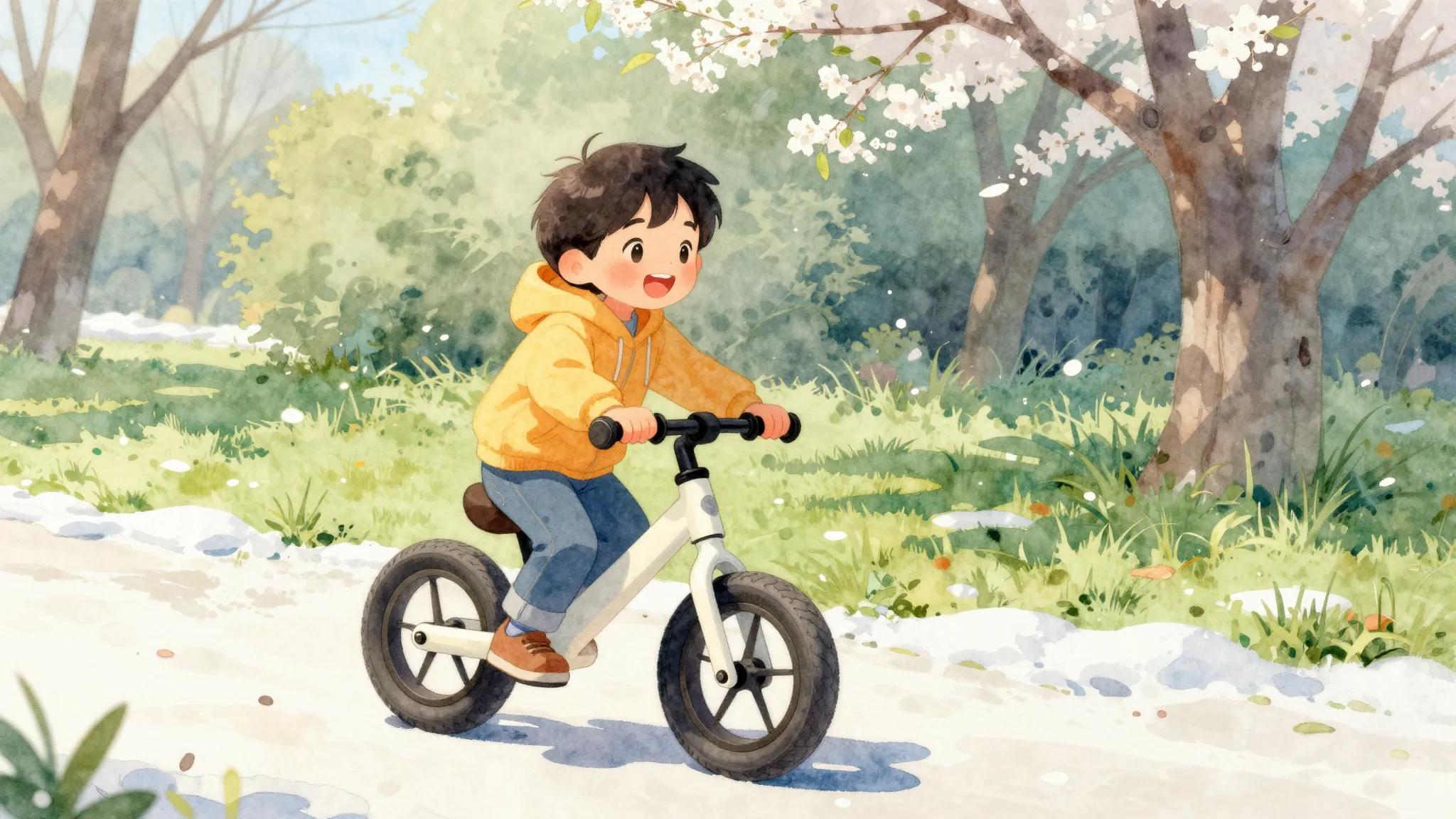 Watercolor style. A happy child riding a balance bike in a s...