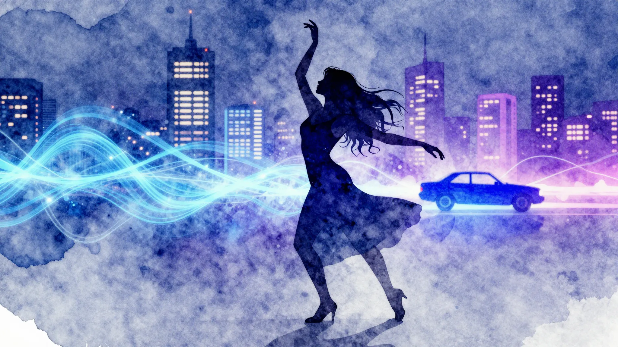 Watercolor style. Silhouette of a woman dancing against a ba...