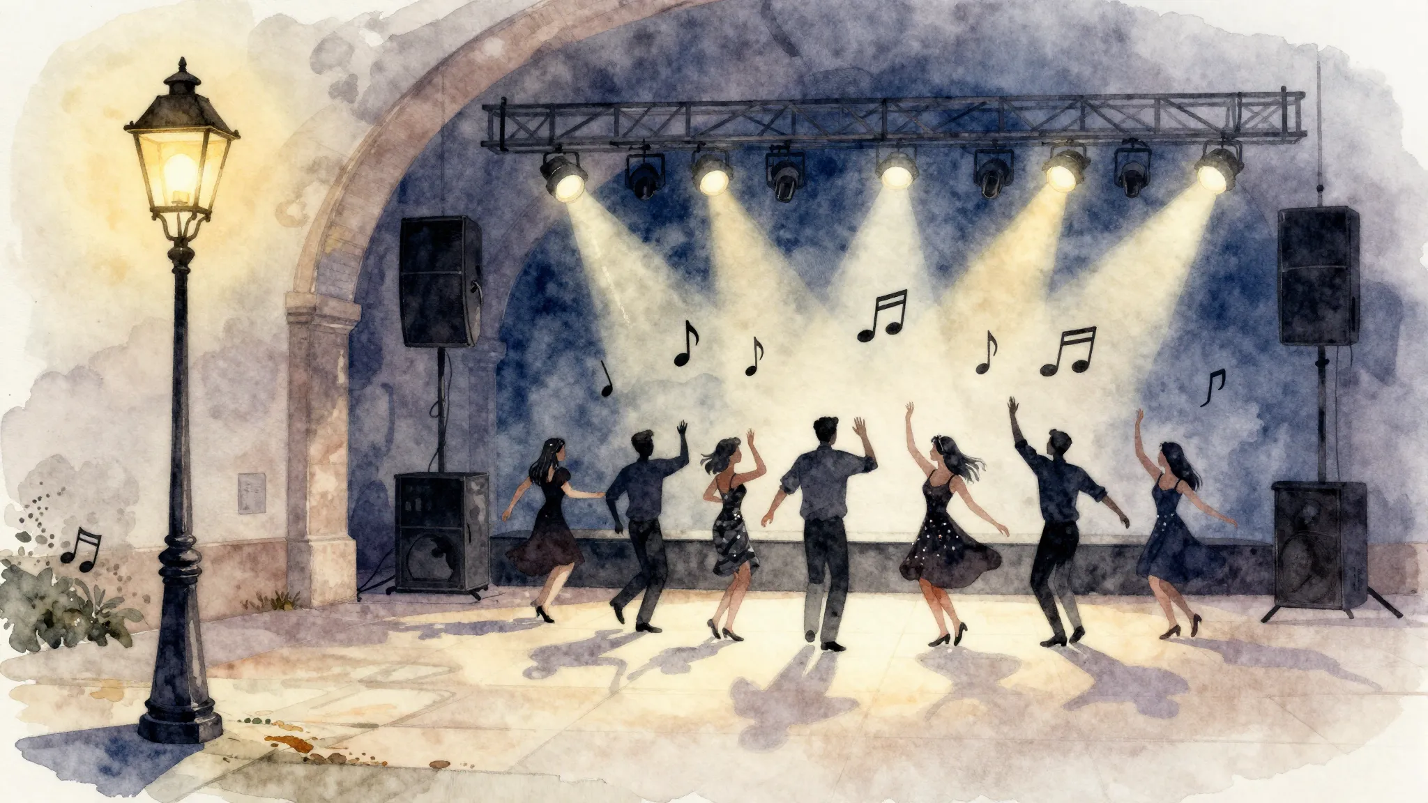 Watercolor style. A nostalgic courtyard with a vintage stree...