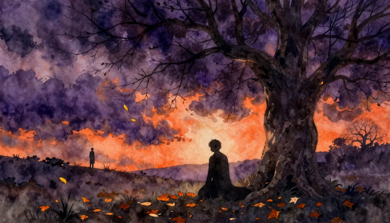 Watercolor style. A dramatic, dark scene. A lone silhouette ...