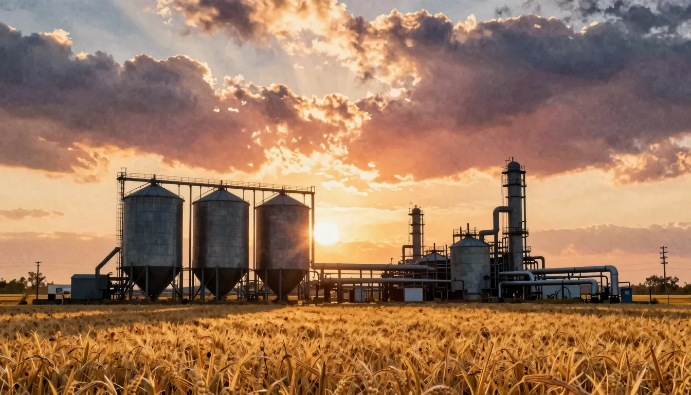 Watercolor style. Silhouettes of industrial silos and comple...