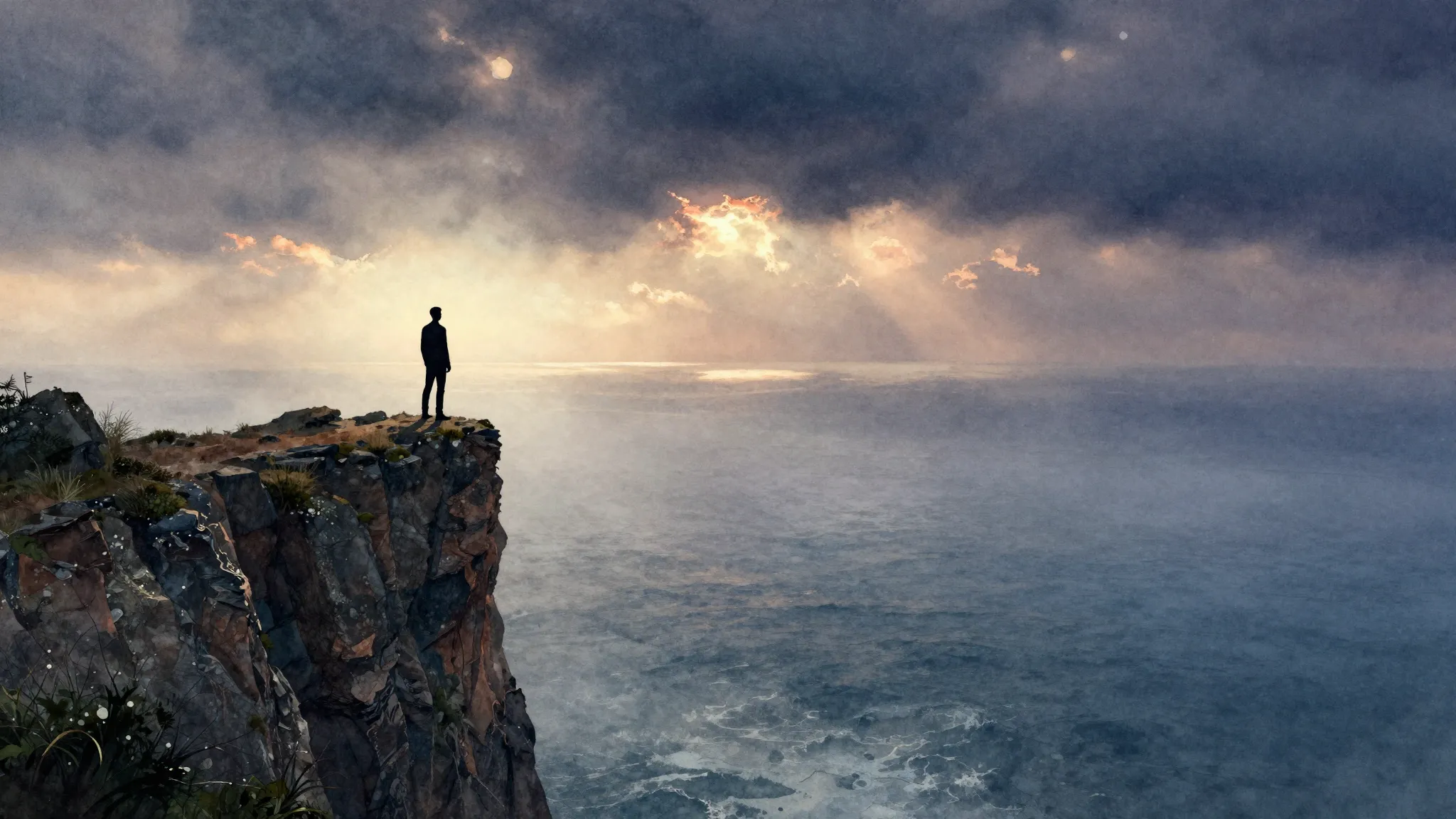 Watercolor style. A lone silhouette standing on a cliff edge...