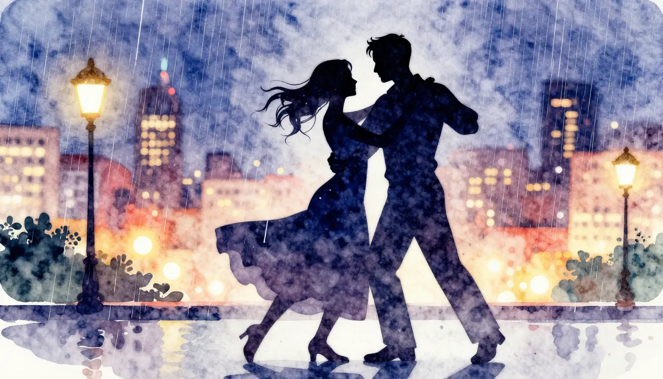 Watercolor style. Silhouette of a couple dancing under a sum...