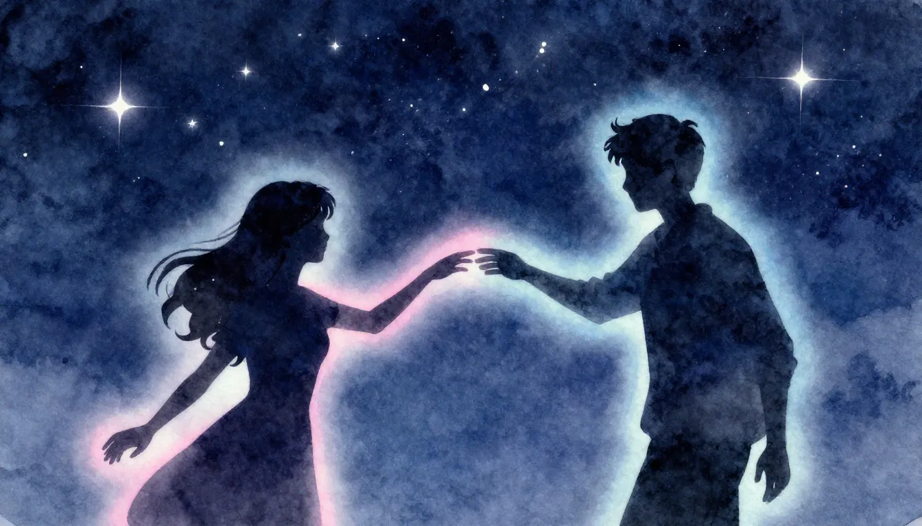 Watercolor style. Two silhouettes reaching for each other ag...