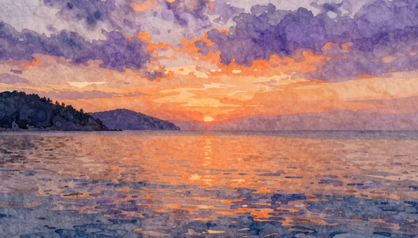 Watercolor style. A beautiful sunset over a calm sea, vibran...