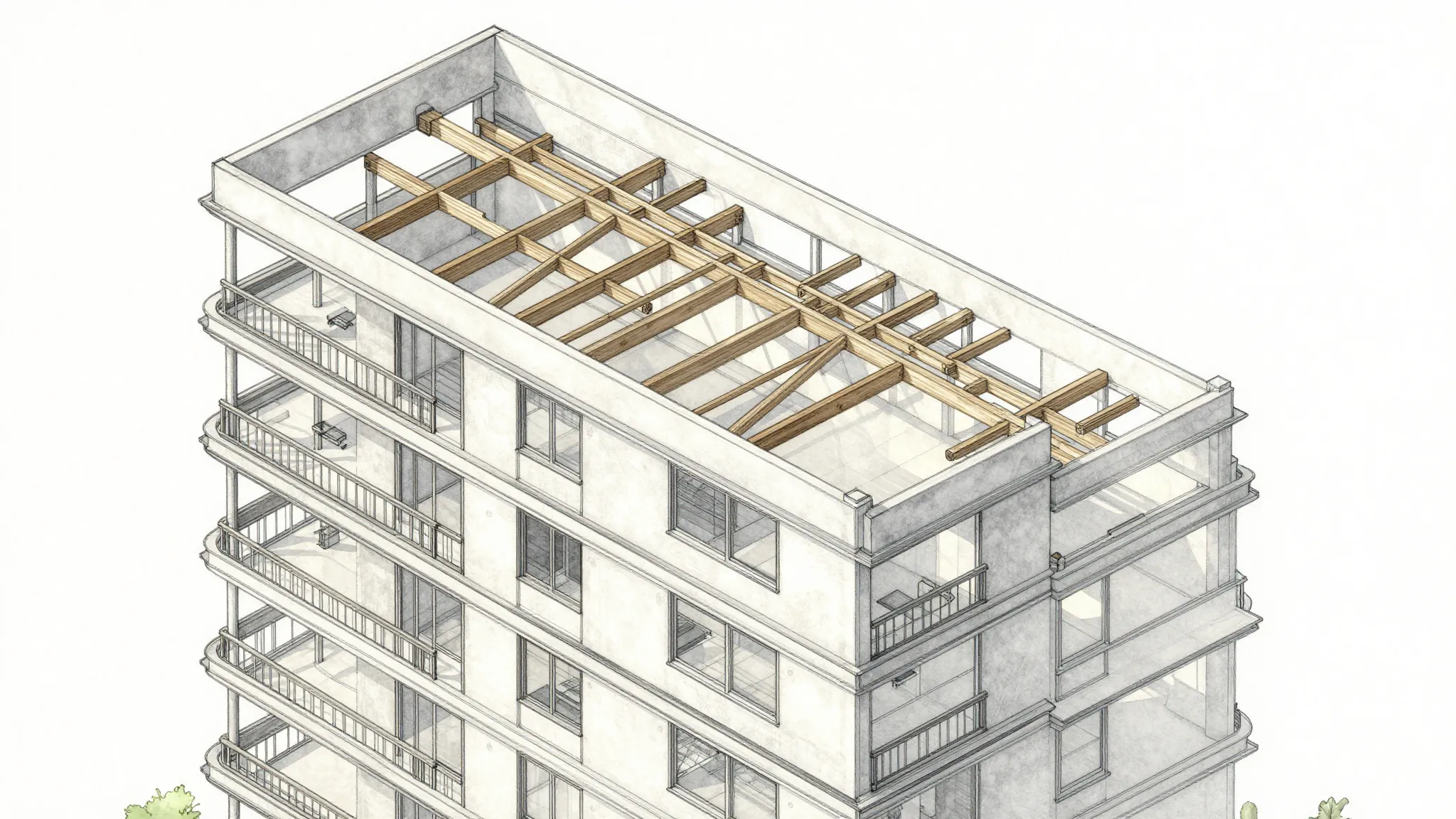 Watercolor style. Architectural blueprint of a multi-story r...