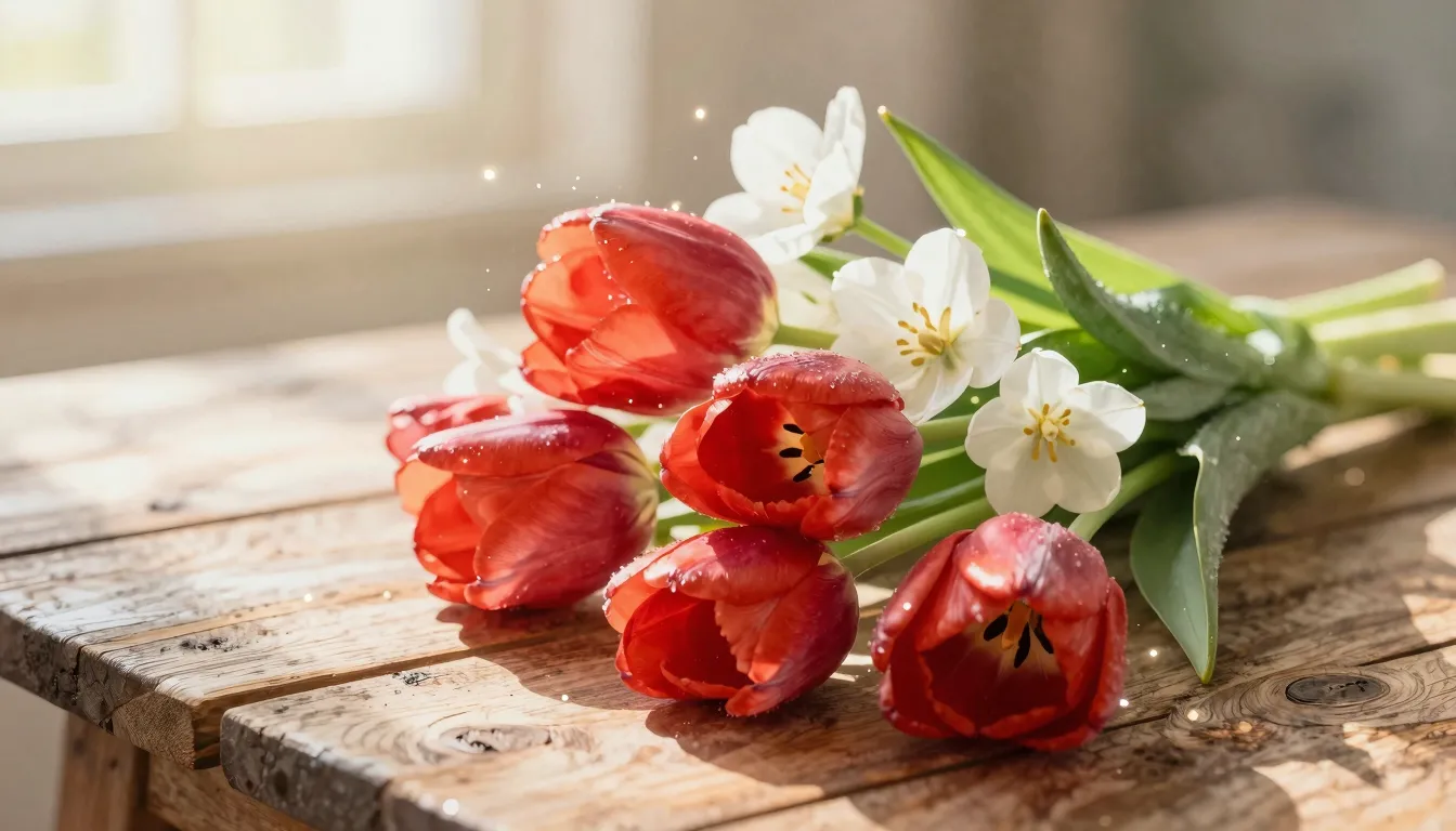 Watercolor style. A beautiful bouquet of red tulips and whit...