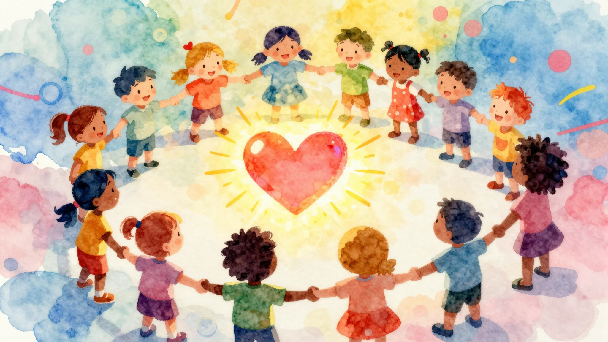 Vibrant watercolor style. Children's pop song. Bright, color...