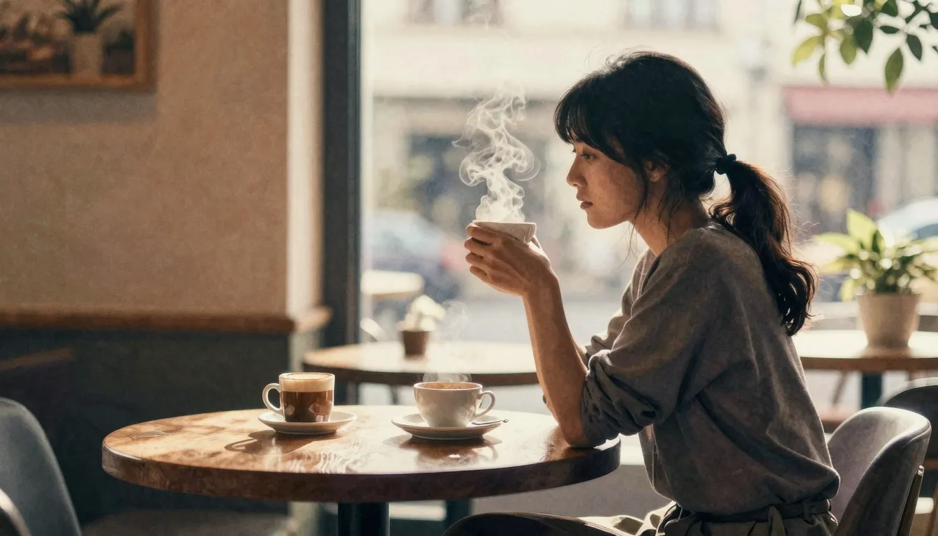 Watercolor style. Silhouette of a woman in a cozy cafe, stea...