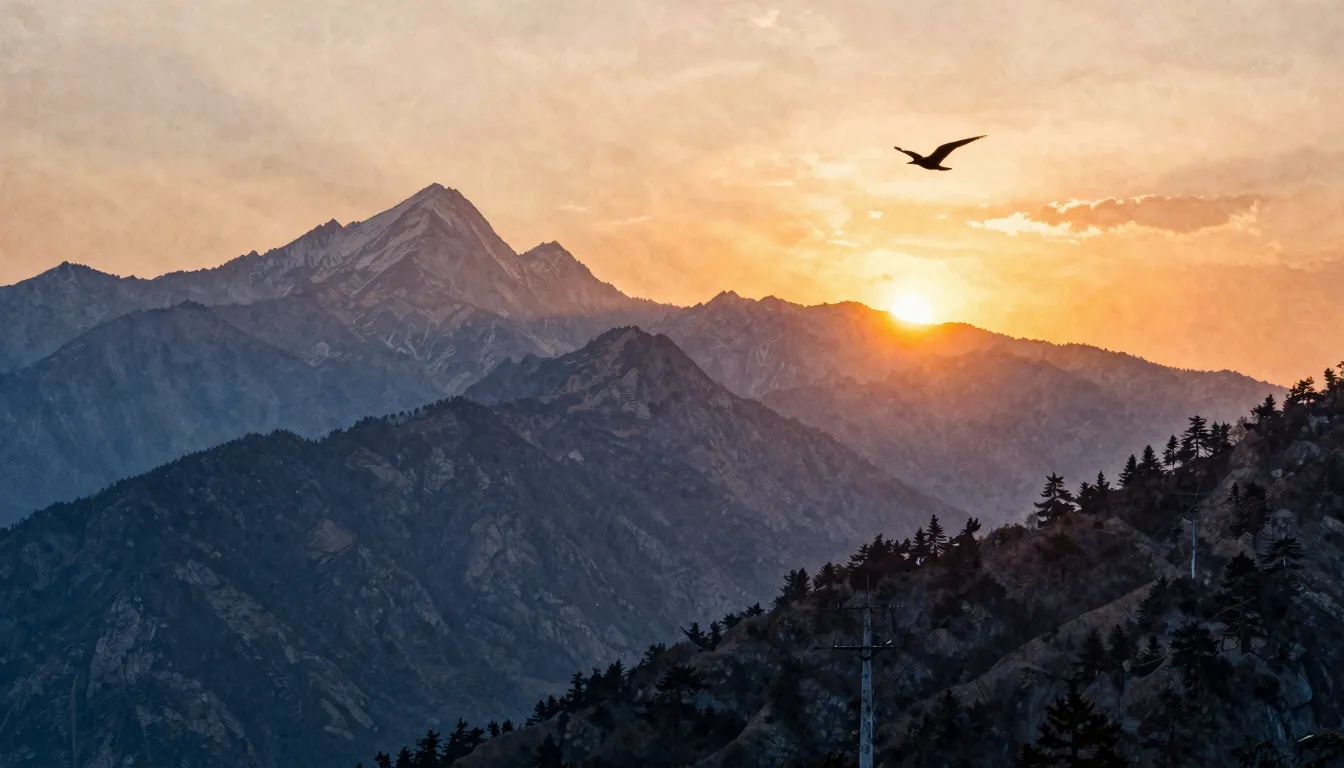 Watercolor style. Majestic mountains at sunset, warm glowing...