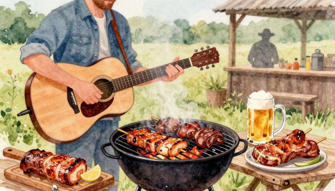 Vibrant watercolor style. Country song cover: A rustic BBQ s...