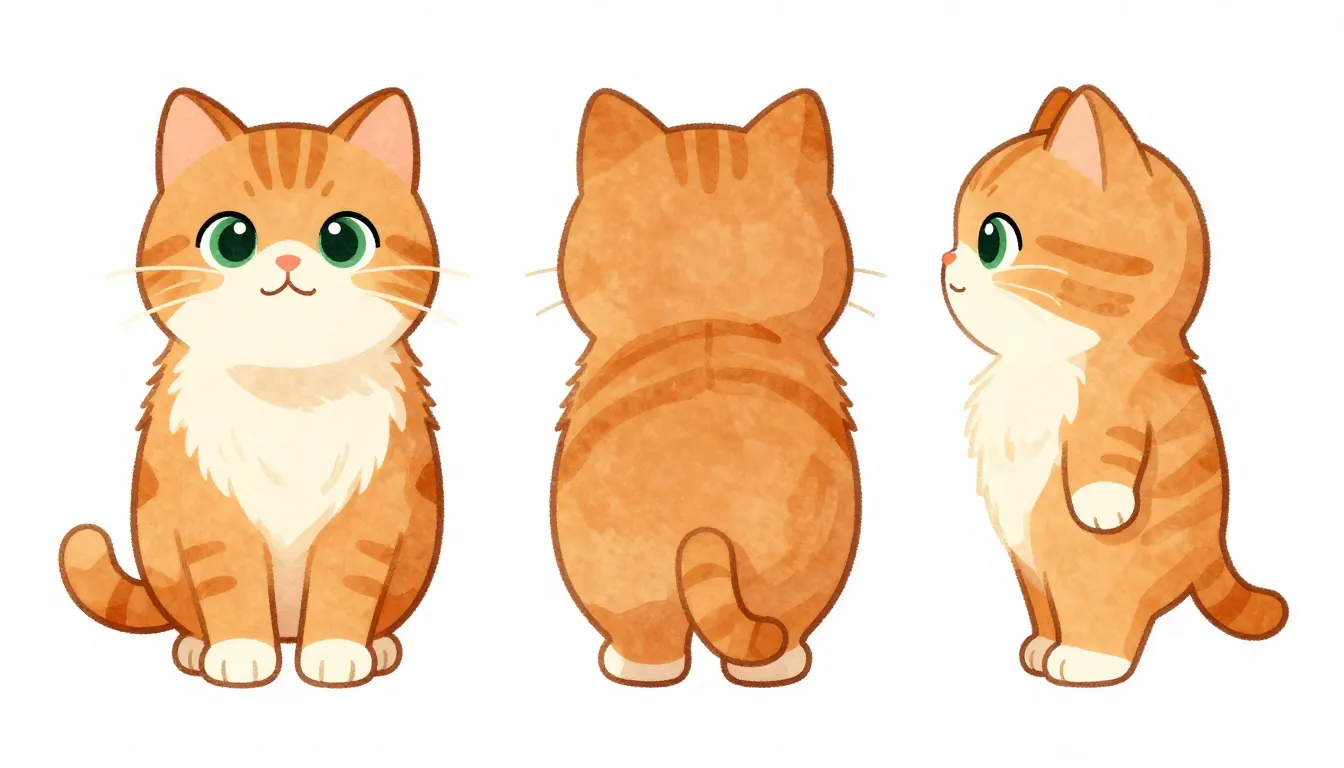 Watercolor style. Character sheet of a fluffy ginger cat, fr...