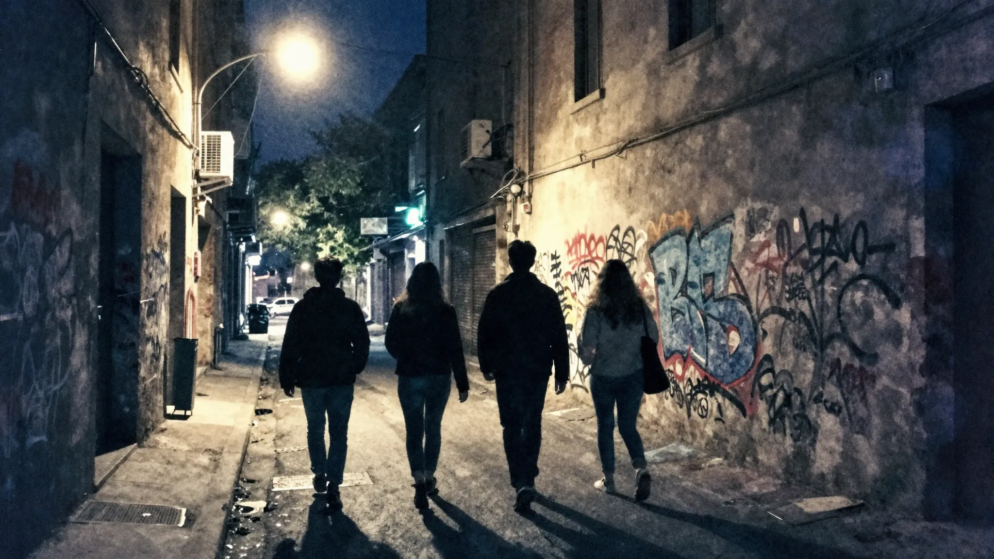 Watercolor style. Urban street at night, 4 silhouettes walki...