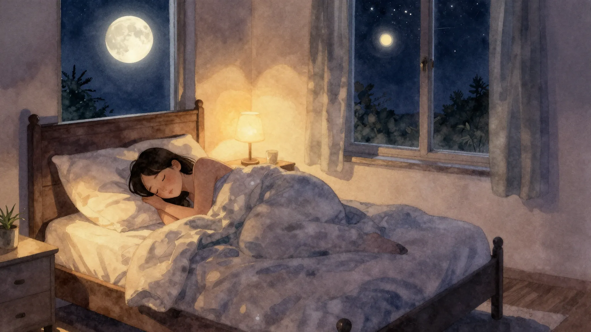 Watercolor style. Cozy bedroom at night, moonlight shining t...