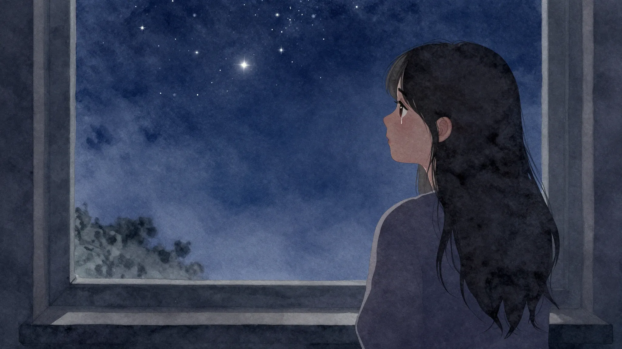 Watercolor style. A silhouette of a woman looking out a wind...
