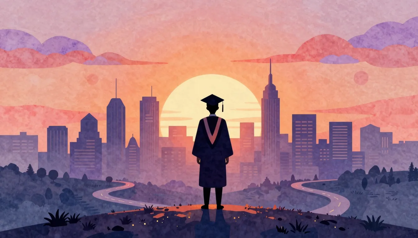 Watercolor style. A silhouette of a graduate in a cap and go...
