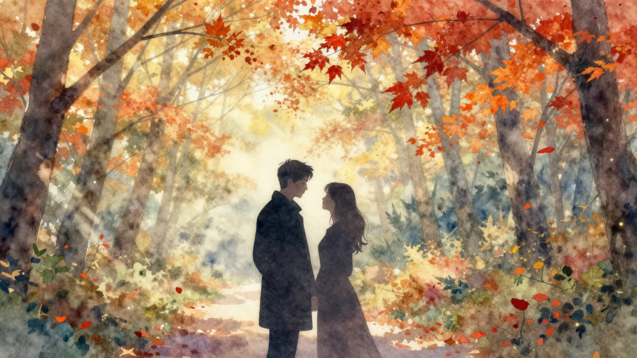 Watercolor style. A silhouette of a couple against a backgro...