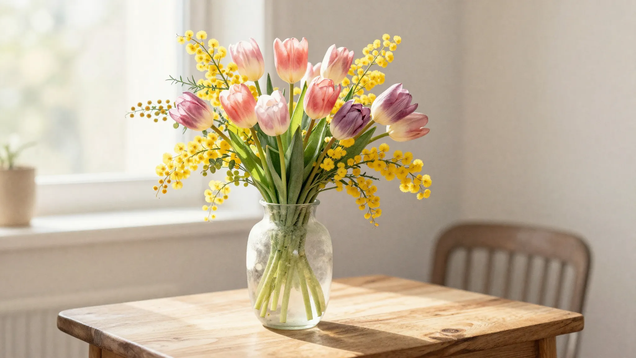 Watercolor style. Spring flowers bouquet, tulips and mimosas...
