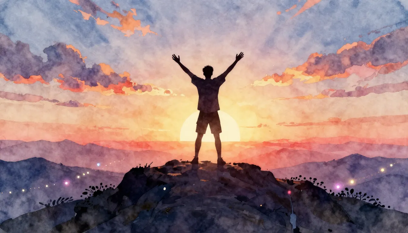 Watercolor style. Silhouette of a person standing on a mount...