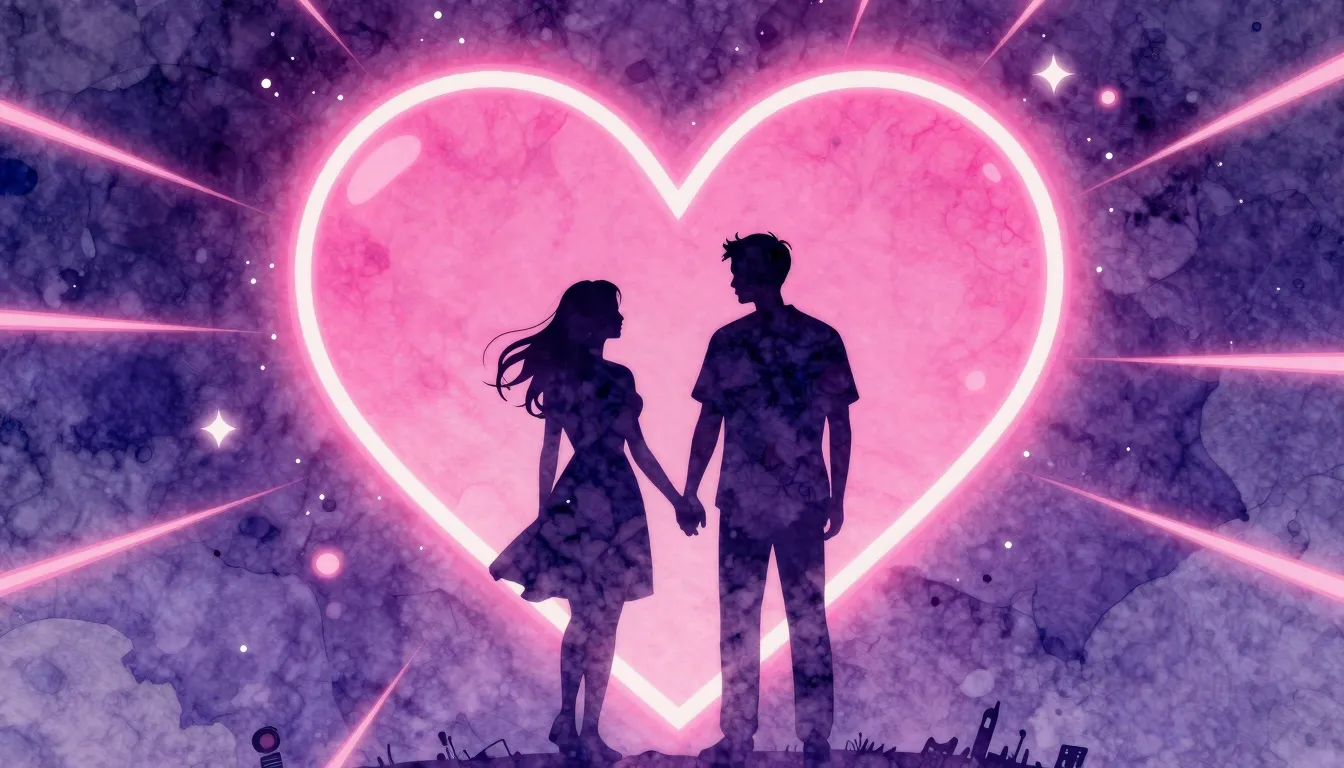 Watercolor style. Silhouette of a couple holding hands again...