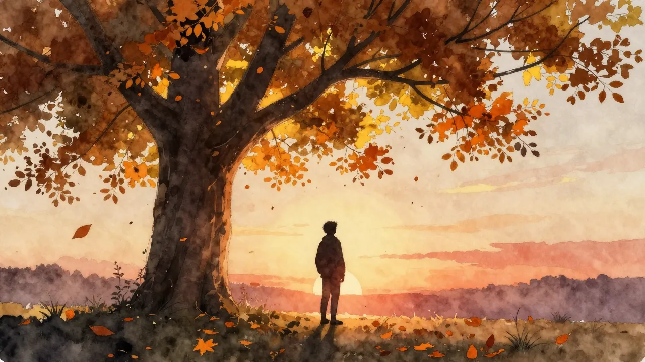 Watercolor style. Silhouette of a person standing under a la...