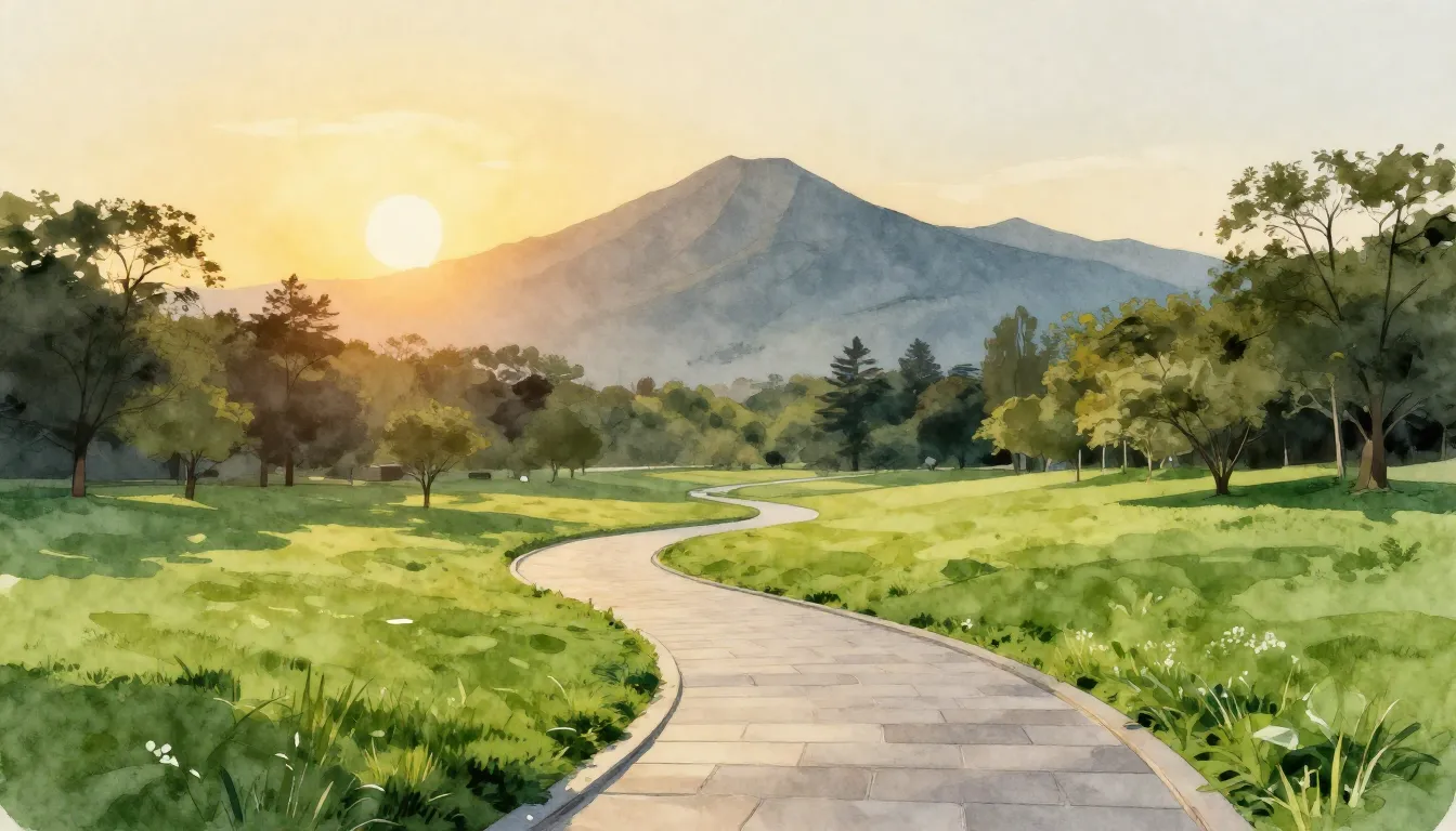 Watercolor style. A breathtaking view of a modern green park...