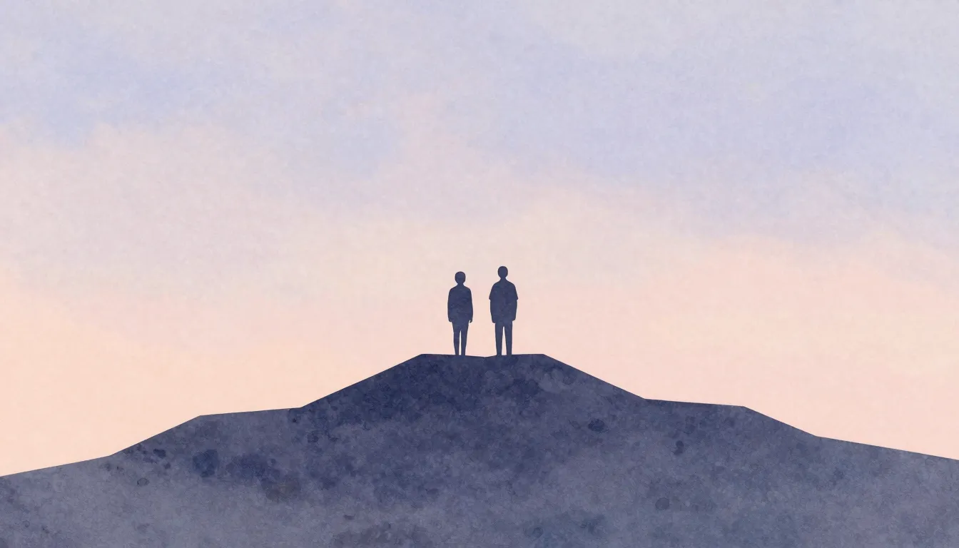 Watercolor style. Minimalist silhouette of two figures stand...