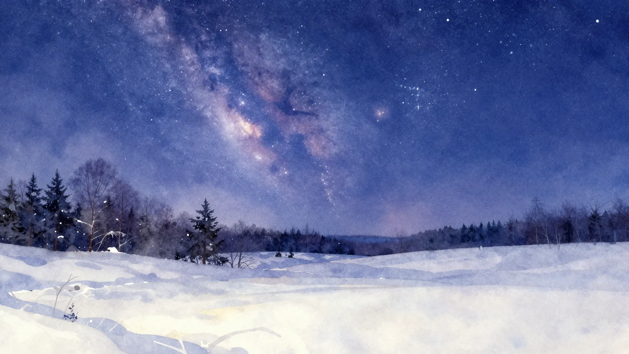 Vibrant watercolor style. Snowy night, starry sky, subtle si...