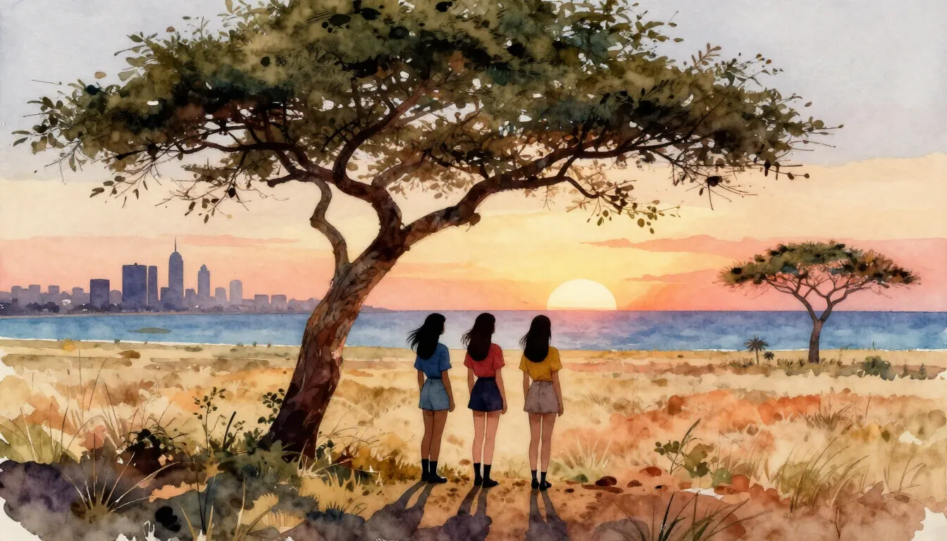 Watercolor style. Silhouettes of three girls standing under ...