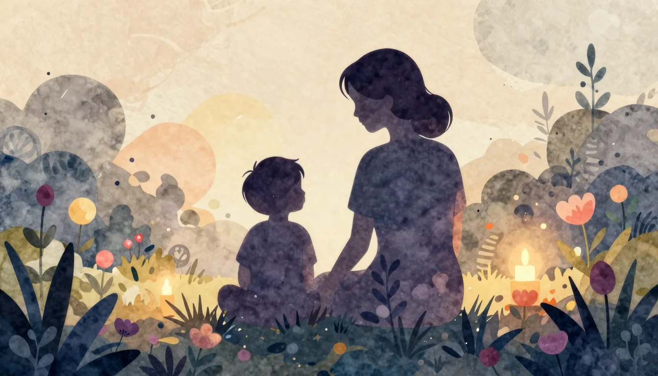 Watercolor style. Silhouette of a mother and child sitting t...