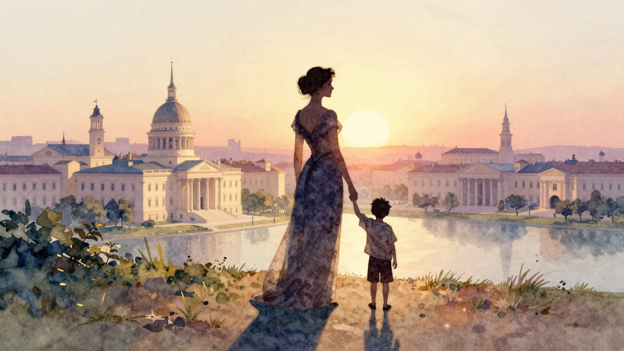 Watercolor style. A silhouette of a graceful woman stands on...