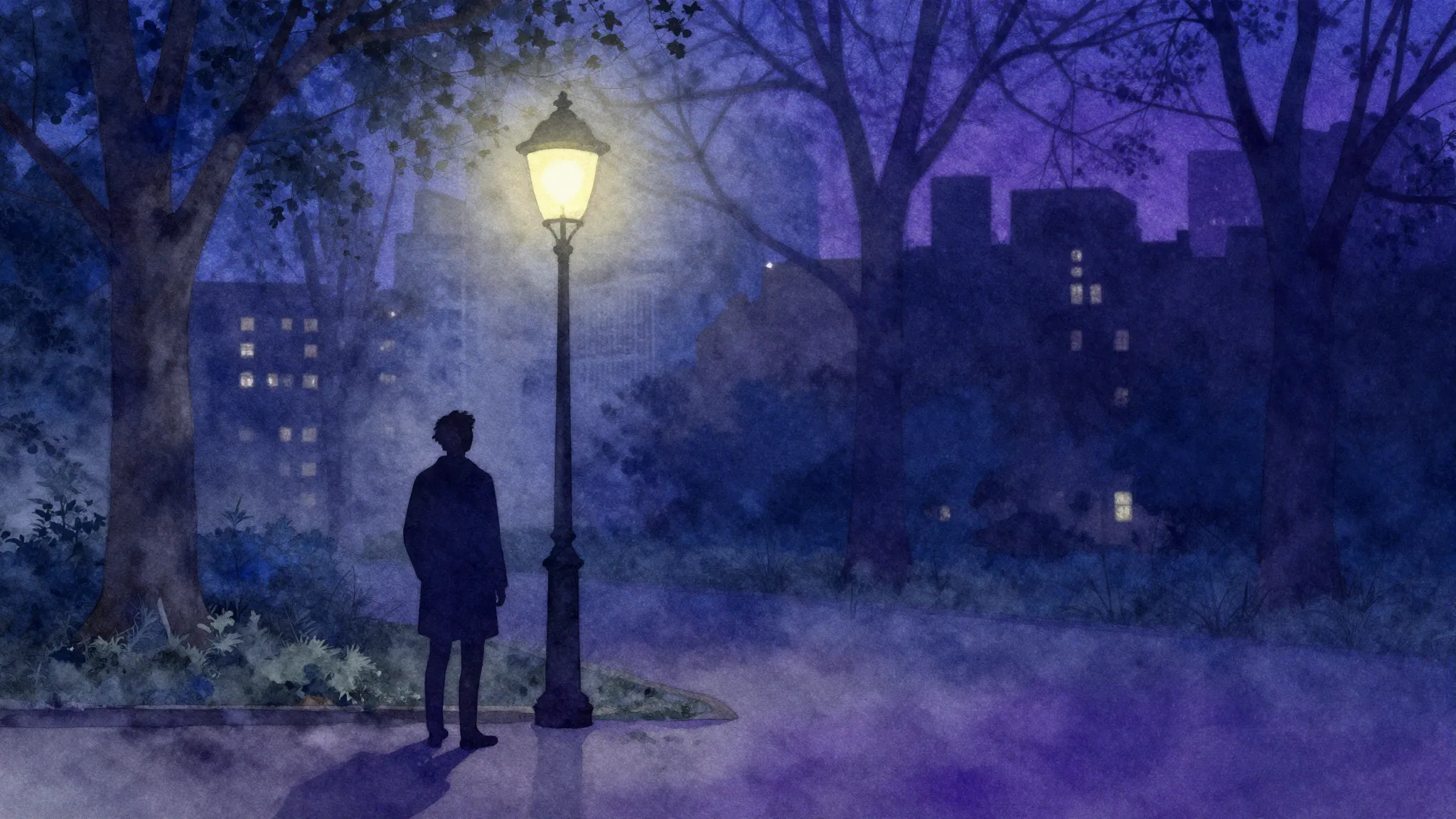 Watercolor style. A lonely silhouette of a person standing u...