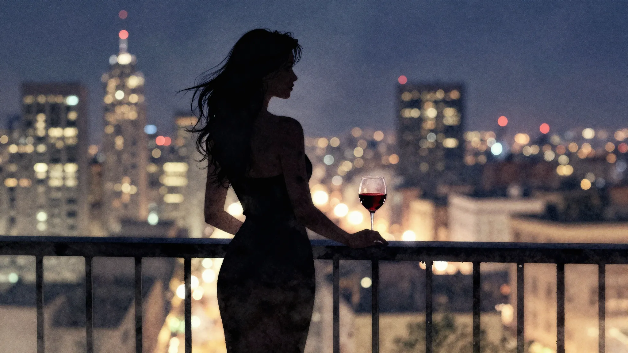 Watercolor style. A silhouette of a woman stands on a balcon...