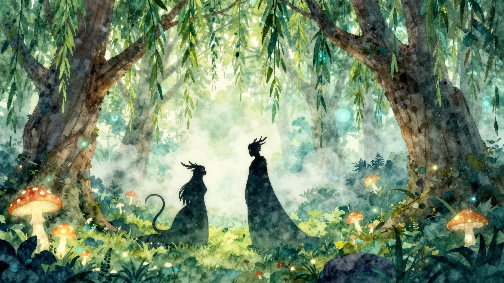 Watercolor style. A romantic scene in an enchanted woods, si...