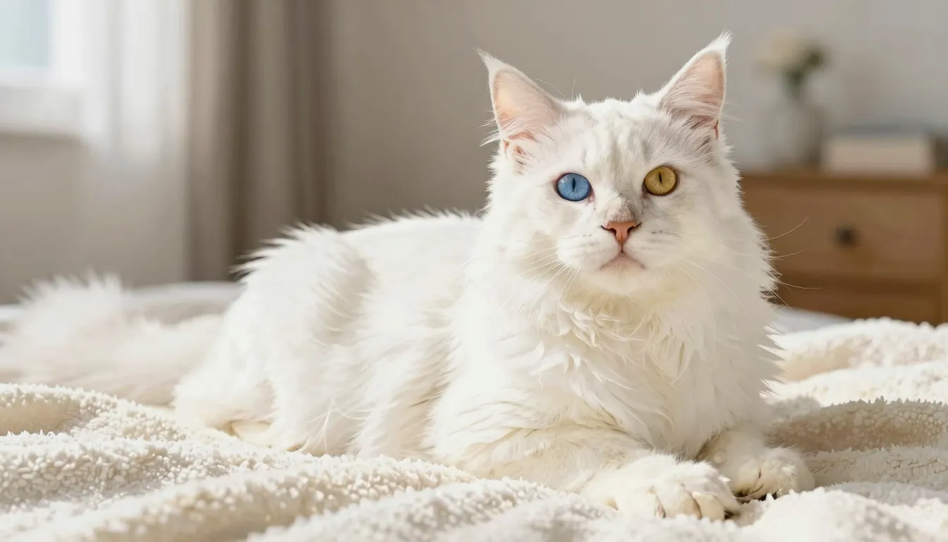 Watercolor style. A majestic white Maine Coon cat with stunn...
