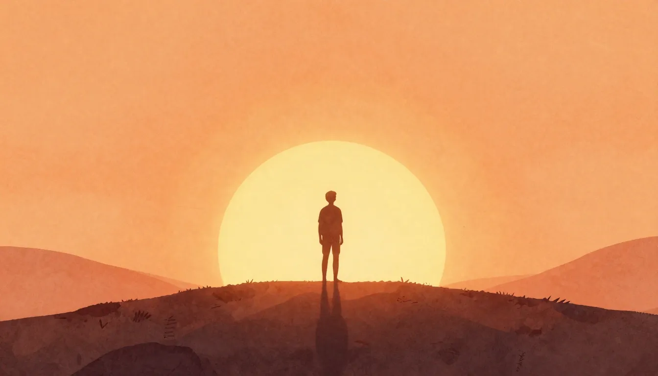 Watercolor style. Silhouette of a person standing on a hill,...