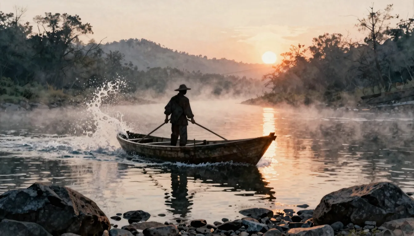 Watercolor style. Silhouette of a fisherman on a boat in a b...