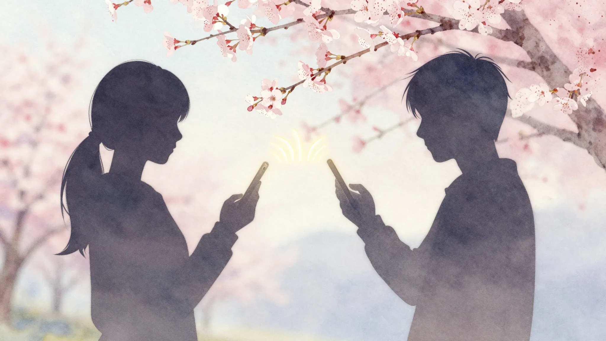 Watercolor style. A silhouette of two friends connected by a...